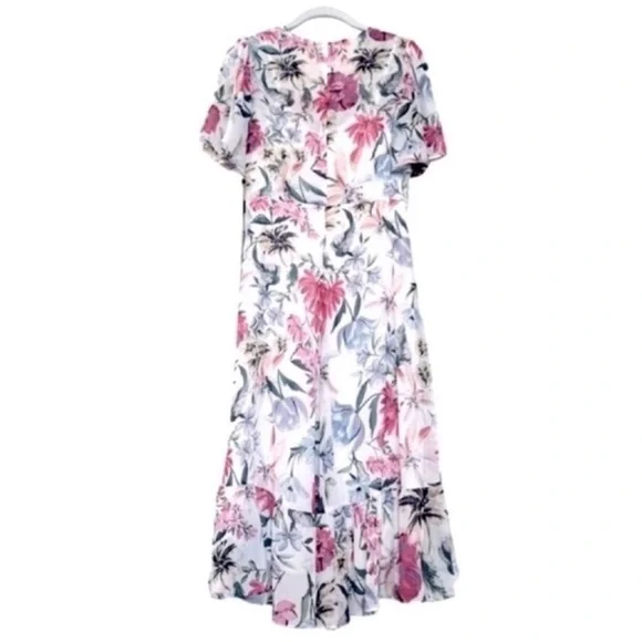 NEW Calvin Klein Flounce Sleeve Dress Ruffle Hem Floral White Lilac Pink Size 4 - Picture 2 of 13